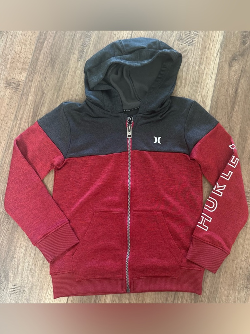 Hurley x Nike Boy’s Full Zip Hoodie, Dri-fit, Red, Gray, Pockets, Size 7